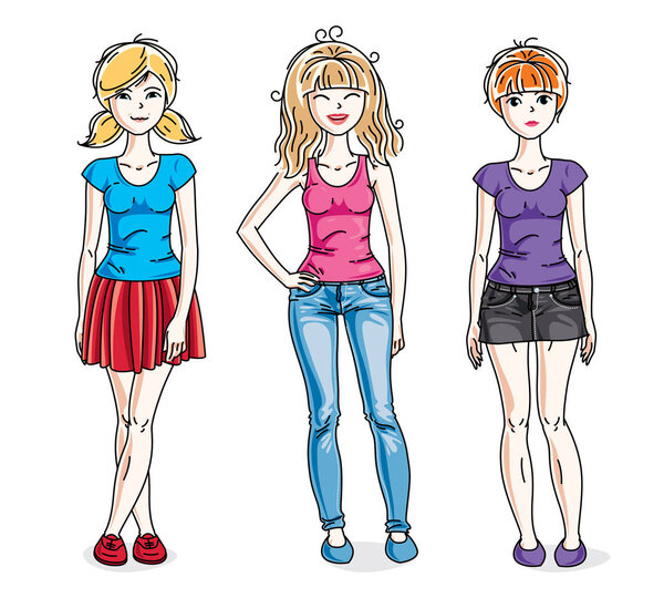 Happy cute young women group standing wearing fashionable casual clothes. 