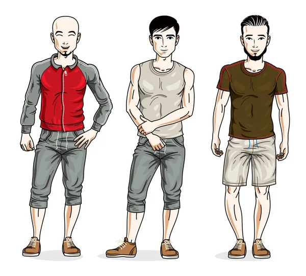 Feliz Grupo Hombres Pie Usando Ropa Deportiva Con Estilo — Vector de stock