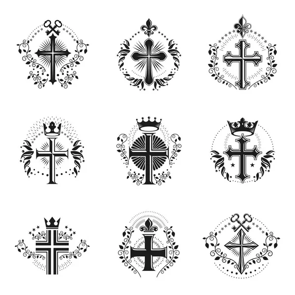 Conjunto Emblemas Christian Crosses Aislados Sobre Fondo Blanco — Vector de stock