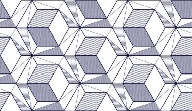 Geometrik küpler soyut dikişsiz desen, üç boyutlu vektör arkaplan. Teknoloji stili mühendislik çizgisi sonsuz çizimler yapıyor. Tek renk, siyah ve beyaz. Kumaş, duvar kağıdı, ambalaj, ağ ve baskı için kullanılabilir.