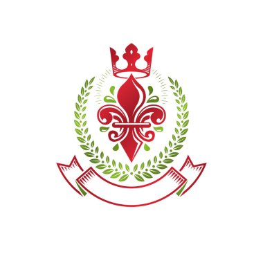 Hanedan arması armalı dekoratif amblem, zambak çiçeği ve kraliyet tacı, ekolojik ürün. İzole vektör çizimi, Fleur-De-Lis.