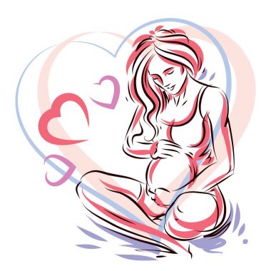 Hamile kadın zarif vücut siluet dekoratif kalp şekli çerçevesinde, yarım yamalak vektör çizim yerleştirilir. Sevgi ve nazik duygu kavramı.