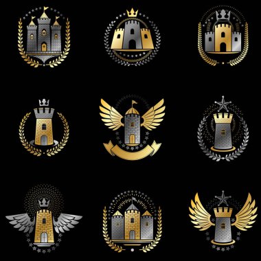 Antik Kale amblemleri yerleştirildi. Arms dekoratif logoları Heraldic Coat izole edilmiş vektör çizimleri koleksiyonu.