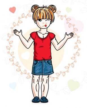 Moda rahat kıyafetler yürekleri renkli zemin üzerinde duran sevimli küçük Kızıl saçlı kız. Vektör illüstrasyon insan.