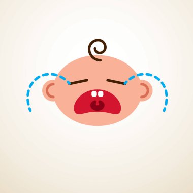 Sevimli bebek çizgi filmi vektör düz ikon, üzgün ağlayan ve mutsuz çocuk emojisi.