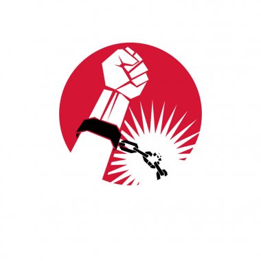 Köle kırmızı kol yumruk el içinde pranga ile zinciri keser. Tutsaklara özgürlük.