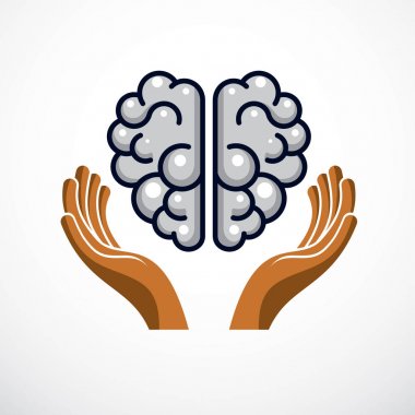 Nazik, korumacı elleri olan insan anatomik beyni. Vektör illüstrasyon, logo veya simge. Ruh sağlığı, dikkatli ve doğru eğitim kavramı.