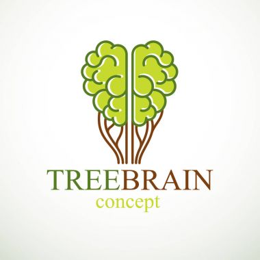 Ağaç Beyni konsepti, doğanın bilgeliği, akıllı evrim. Yeşil yapraklı ağaç şeklinde insan anatomik beyni. Beyni diyet ürünleriyle besleniyor. Vektör logosu veya simge tasarımı.