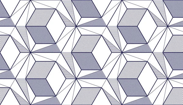 幾何学的なキューブ抽象的なシームレスなパターン 3Dベクトルの背景 無限のイラストを描く技術スタイルのエンジニアリングライン 黒と白 ファブリック ラッピング ウェブとプリントに使用できます — ストックベクタ