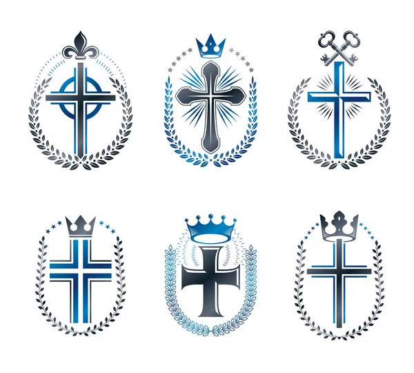 基督教的十字架标志设置 纹章矢量设计元素集合 复古风格标签 纹章标志 — 图库矢量图片