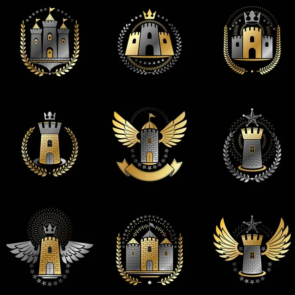 Forntida Slott Emblem Inställda Heraldiska Vapenskölden Dekorativa Logotyper Isolerade Vektor — Stock vektor