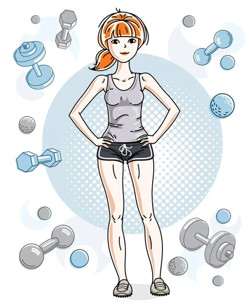 Joven Hermosa Mujer Deportiva Pelirroja Pie Sobre Fondo Simple Con — Vector de stock