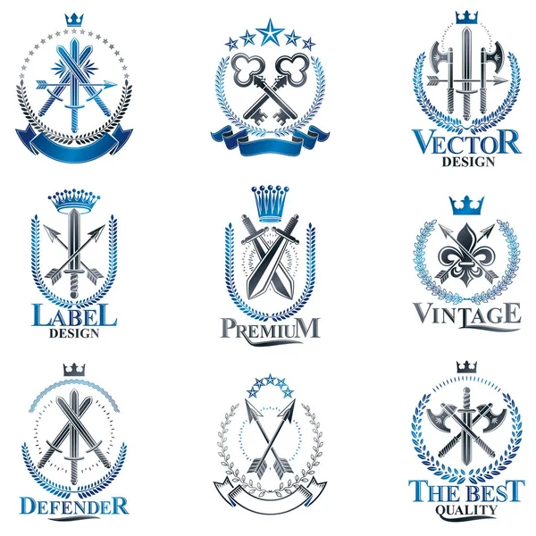 Набір Емблем Старовинної Зброї Вінтажна Колекція Векторних Елементів Дизайну Лейбл — стоковий вектор