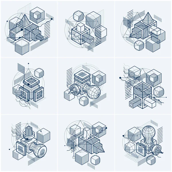 Fondos Vectoriales Abstractos Lineales Isométricos Abstracciones Alineadas Cubos Hexágonos Cuadrados — Vector de stock