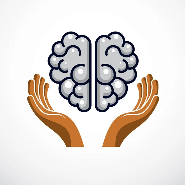 Human Anatomical Brain Tender Defending Hands Care Vector Illustration Logo — Stock Vector