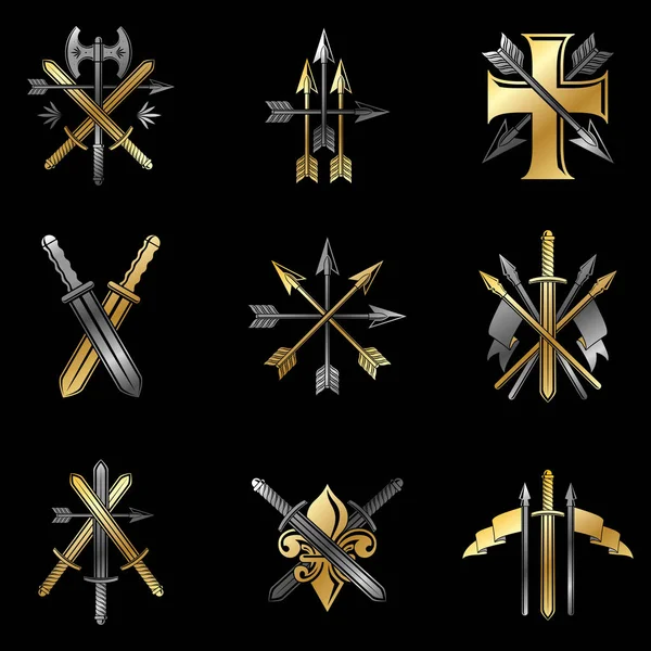 Vintage Weapon Emblems Set Kolekce Vintage Vektorových Konstrukčních Prvků Etiketa — Stockový vektor