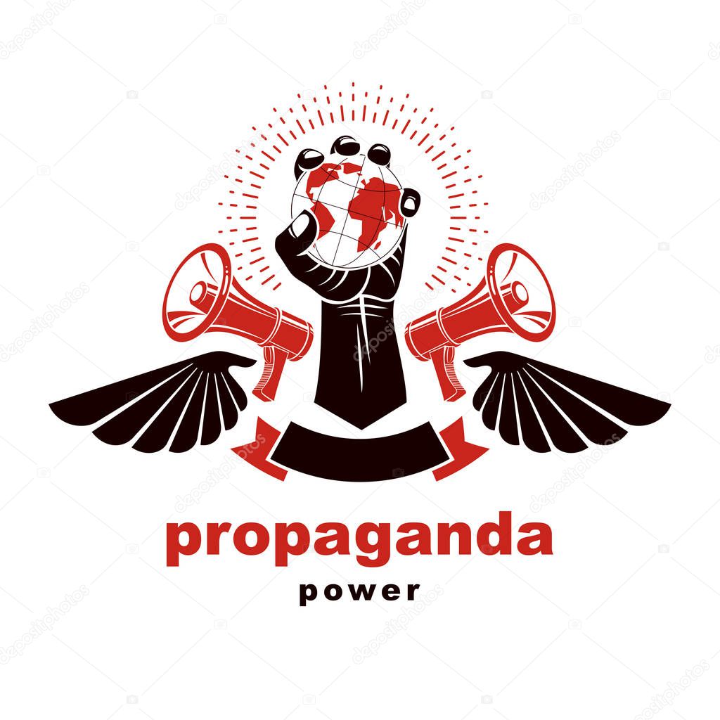 Raised arm holds Earth globe, winged vector logo composed using loudspeakers. Propaganda as the method of global ideology imposing, dissemination of information.