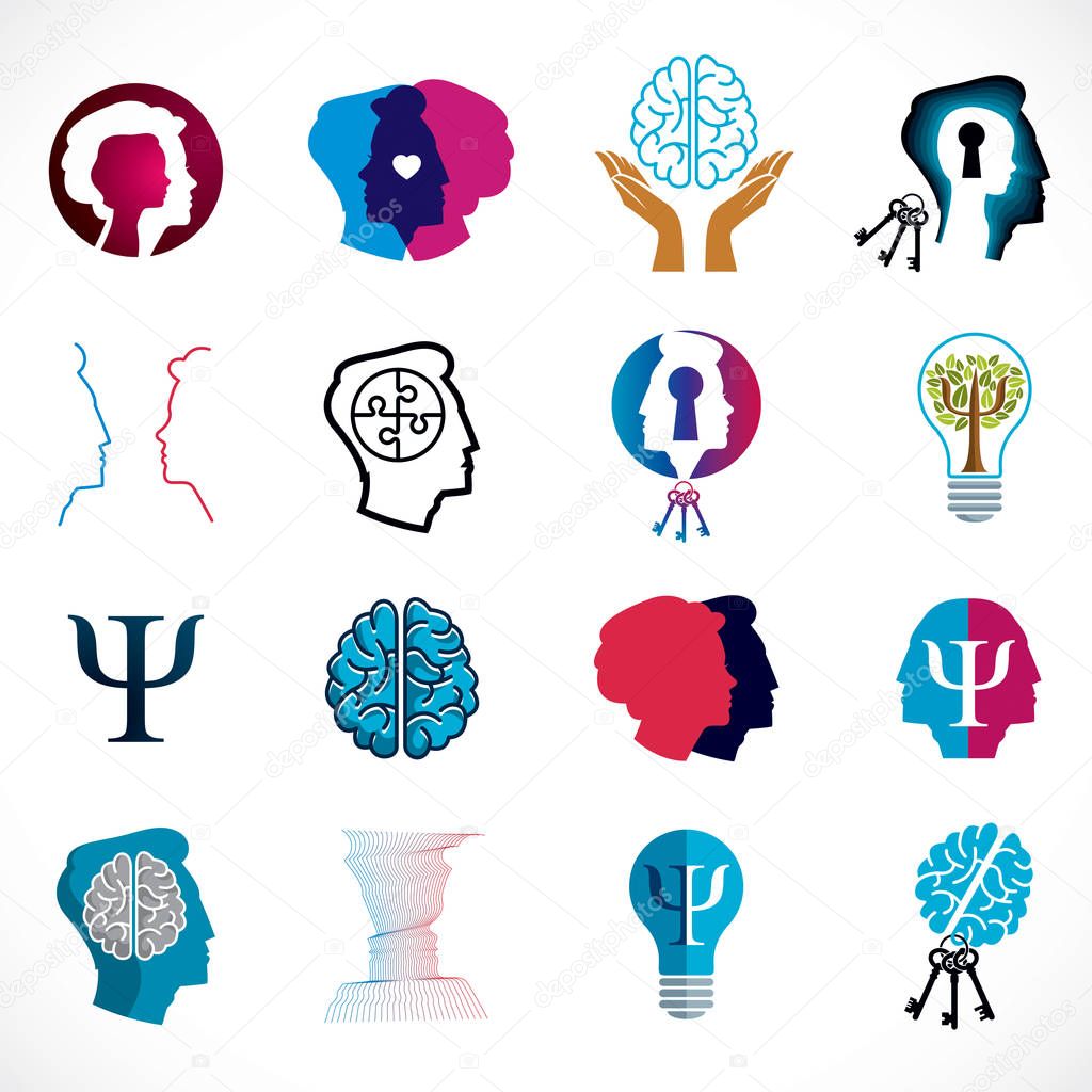 Psychology, brain and mental health vector conceptual icons or logos set. Relationship and gender psychology problems and conflicts, psychoanalysis and psychotherapy, personality and individuality.