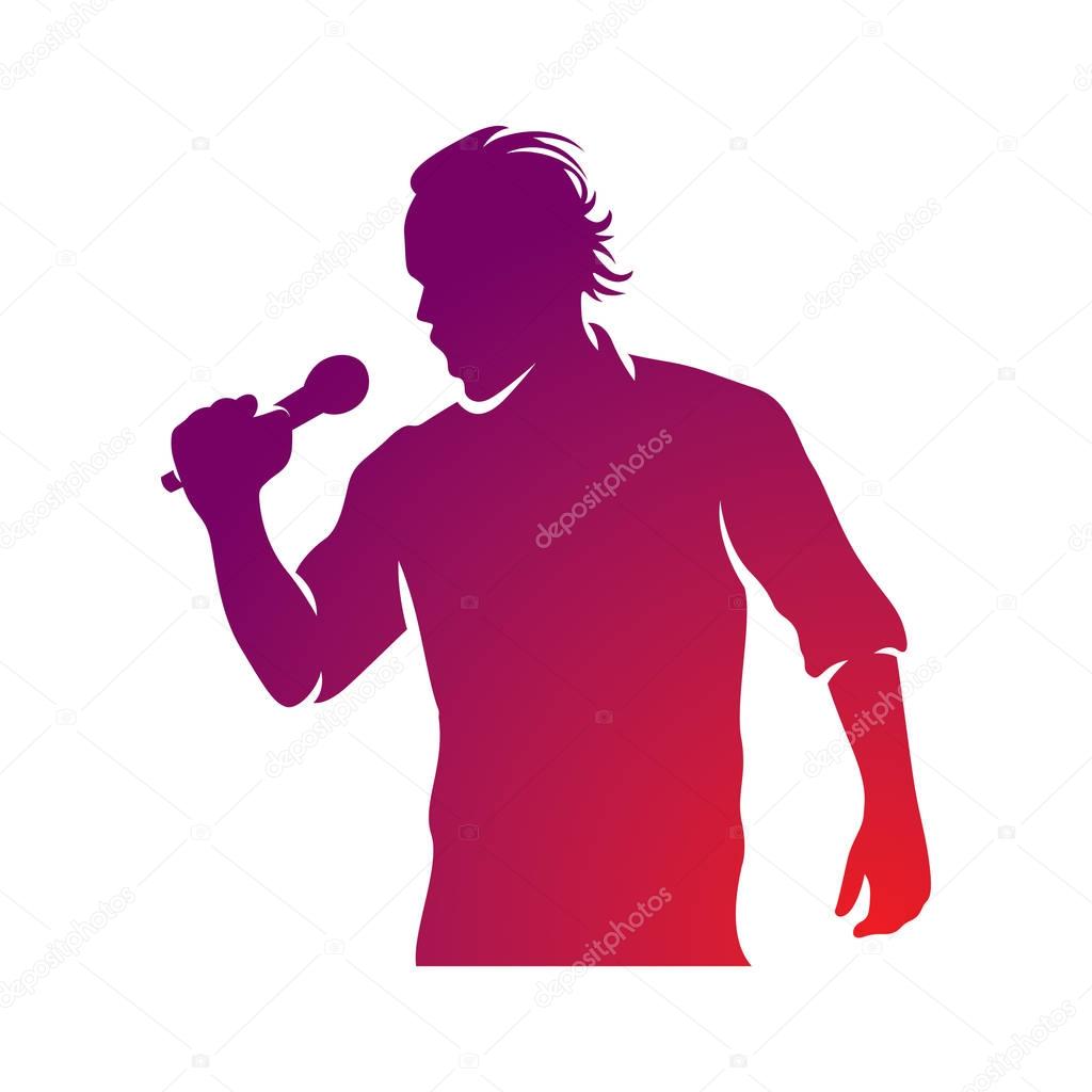 Superstar performance vector illustration, person with microphone in hand is singing live or karaoke. Emcee show concept.