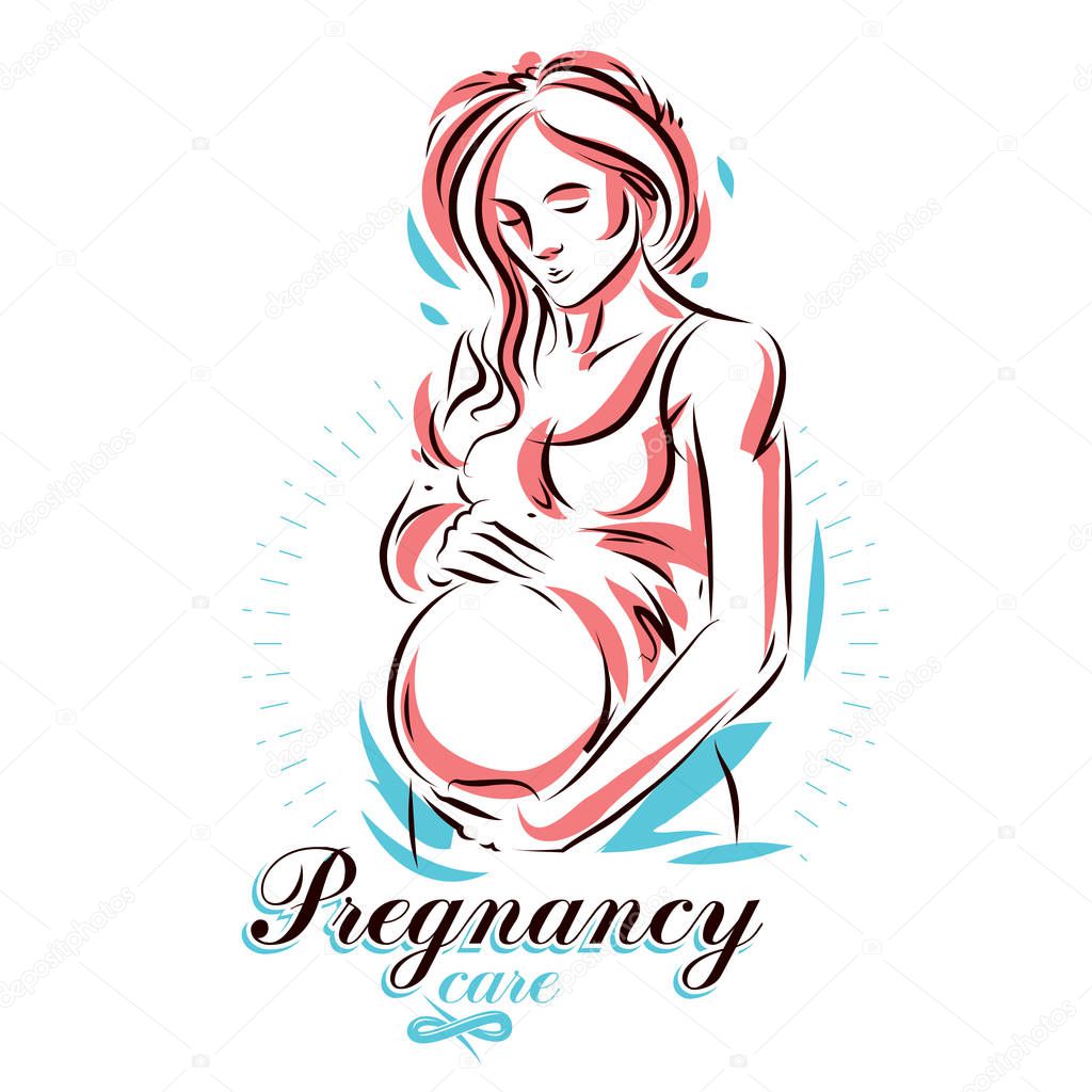 Vector hand-drawn illustration of pregnant elegant woman expecting baby, sketch. Medical rehabilitation and childcare center marketing card