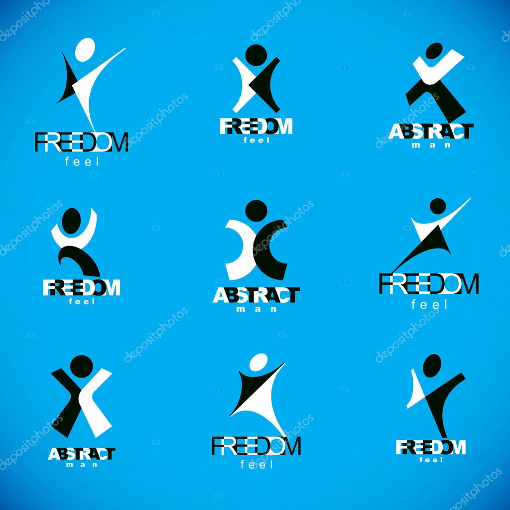 Vector illustration of excited abstract man with arms reaching up. Successful business career abstract symbol.