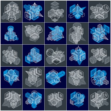 Soyut üç boyutlu şekiller kümesi, vektör tasarımları.