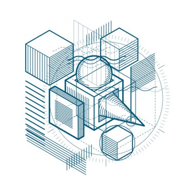 İzometrik soyutlama hatları ve farklı öğeleri, vektör arka plan. Kompozisyon küpleri, Altıgenler, kareler, dikdörtgenler ve farklı soyut öğeler.