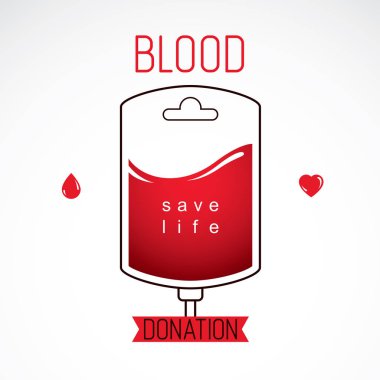 Vektör çizim kan bağışı için hazırlanan kan torbası. Sadaka ve gönüllü kavramsal logosu.