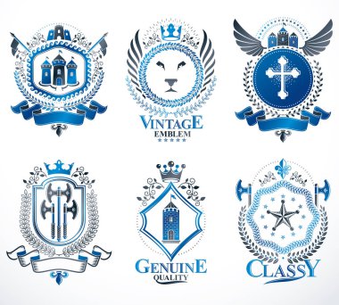 Hanedan vintage vektör öğeleri, hayvanlar, kuleleri, kron ve yıldız ile oluşturulan arması. Klas sembolik Amblemler koleksiyonu, vektör set.