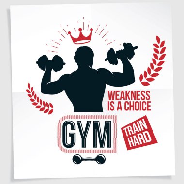 Fitness dumbbells spor ekipmanları tutan atletik vücut geliştirmeci vücut siluet vektör çizim ile oluşturulan Halter Şampiyonası tanıtım el ilanı. Bir seçim yazı zayıflıktır.