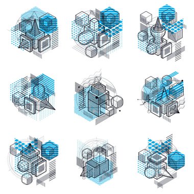 3D soyut vektör izometrik arka planlar. Küpleri, Altıgenler, kareler, dikdörtgenler ve farklı soyut öğeleri düzenler. Vektör toplama.