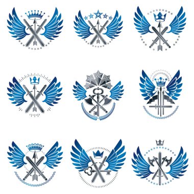 Vintage Silah Amblemleri ayarlandı. Hanedan arması, klasik vektör amblemleri koleksiyonu.