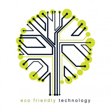 Fütürist ağacın, teknolojinin ve bilimin kavramsal tasarımının vektör çizimi. Geri dönüşüm ve yeniden kullanım kavramı.