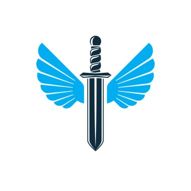 Kuş kanatları, savaş ve güvenlik metaforu ile yaratılmış kılıcın vektör çizimi. Seraph vektör amblemi.