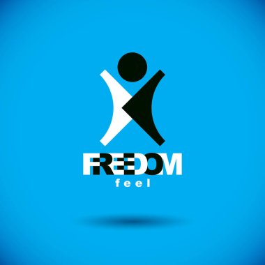 Vektör çizim kaldırdı kadar ulaşan ile mutlu soyut adam. Başarılı iş kariyer amblemi. Kurumsal Gelişim sembolü. Özgürlük yaratıcı logo.