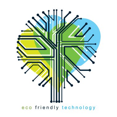 Sanat vektör grafik illüstrasyon kalp, teknoloji yenilik soyut tasarım şeklinde modern dijital ağacının. Teknoloji ve doğa etkileşimi metafor.