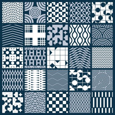 Vektör soyut sorunsuz besteleri, basit geometrik şekiller ile oluşturulmuş simetrik süslü arka planlar topluluğu. Siyah ve beyaz.
