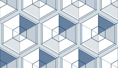 3d geometrik çizgiler seamless modeli, vektör arka plan soyut. Çizim için sonsuz şekilde mühendislik teknolojisi tarzı. Tek renk, siyah ve beyaz. Kumaş, duvar kağıdı, ambalaj, web ve baskı için kullanılabilir.