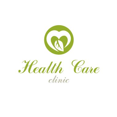 Yeşil yapraklardan oluşmuş vektör kalp şekli. Tıbbi tedavi organizasyonlarında kullanılmak üzere sağlık kavramsal logosuna geri dönüş.