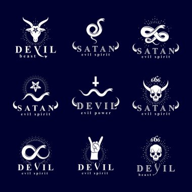 Vektör şeytani Infernal mistik Logotype zehirli yılanlar, boynuzlu kullanılarak oluşturulan dizi ölü kafa sembolleri, pagan .detaylar gizli tutulmuştu ve keçi 666 numaralı kötü Lucifer örnek olarak