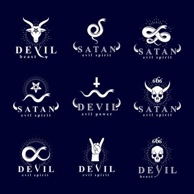 Set of vector demonic infernal mystic logotypes created using poisonous snakes, horned wicked dead head symbols, pagan pentacles and goats with 666 numbers as illustration of Lucifer clipart