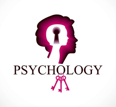 Psikoloji vektör logo kadın baş profil ve küçük çocuk kızla içinde anahtar deliği, iç çocuk, insan ve psişik sorunlar kavramı bir anahtarı oluşturdu. Terapi ve analiz kavramı.