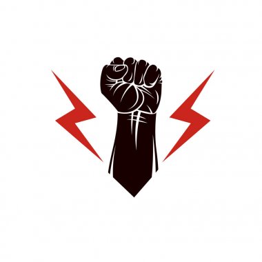 Vector illustration composed using strong muscular raised clenched fist made with lightning symbol. Power and authority concept. clipart