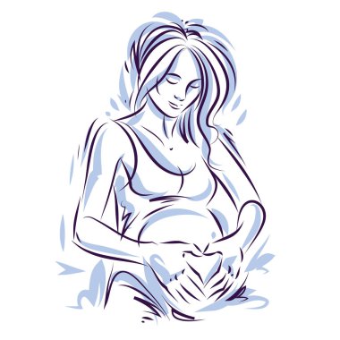 Attractive pregnant woman body silhouette drawing. Vector illustration of mother-to-be fondles her belly. Happiness and caress concept. clipart