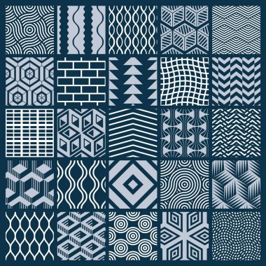 Grafik süs çini koleksiyonu, tek renkli vektör kümesi desenleri tekrarladı. Vintage sanat soyut dokular duvar kağıdı olarak kullanılabilir.