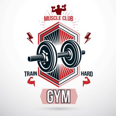 Vektör grafik işareti ağırlık disk dumbbell ve kaslı vücut geliştirmeci vücut yapısı kullanarak oluşur. Halter kulübü kavramsal amblemi