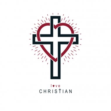 Aşk Tanrı vektör yaratıcı sembolü tasarım Christian Cross ve kalp, vektör logosu veya işareti ile kombine.
