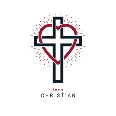Love of God vector creative symbol design combined with Christian Cross and heart, vector logo or sign. clipart