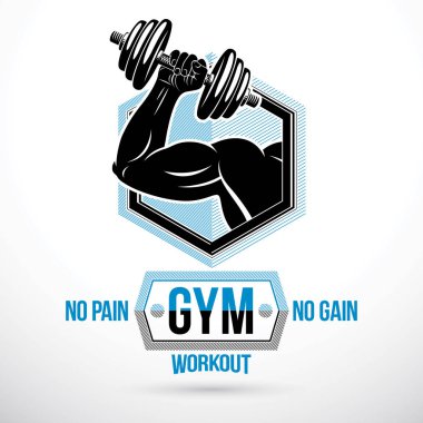 Vektör işareti disk ağırlık dumbbell tutarak kaslı sporcu kol ile oluşur. Hayır hiçbir kazanç yazı ağrı. Halter kulübü kavramsal amblemi