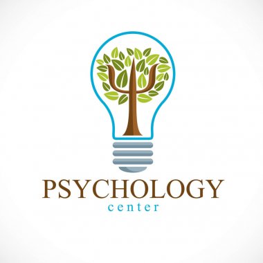 Psychology concept vector logo or icon created with Greek Psi symbol as a green tree with leaves inside of idea light bulb, mental health concept, psychoanalysis analysis and psychotherapy therapy. clipart